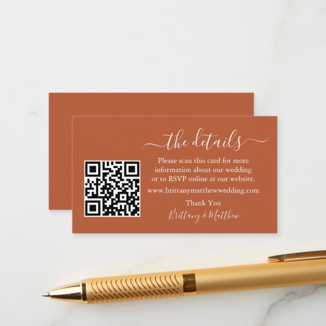 Carte D'accompagnement Calligraphie Détails du Mariage Site Web QR Terrac (Devant/Arrière en situation)