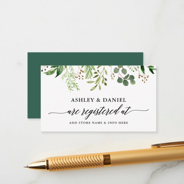Carte D'accompagnement Calligraphie Green Botanical Mariage Registry (Devant/Arrière en situation)
