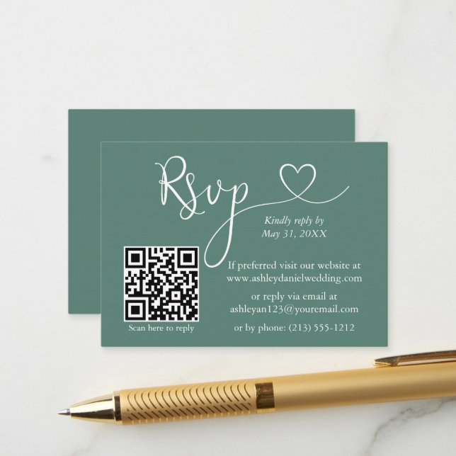 Carte D'accompagnement Calligraphie Mariage cardiaque QR RSVP Eucalyptus  (Devant/Arrière en situation)