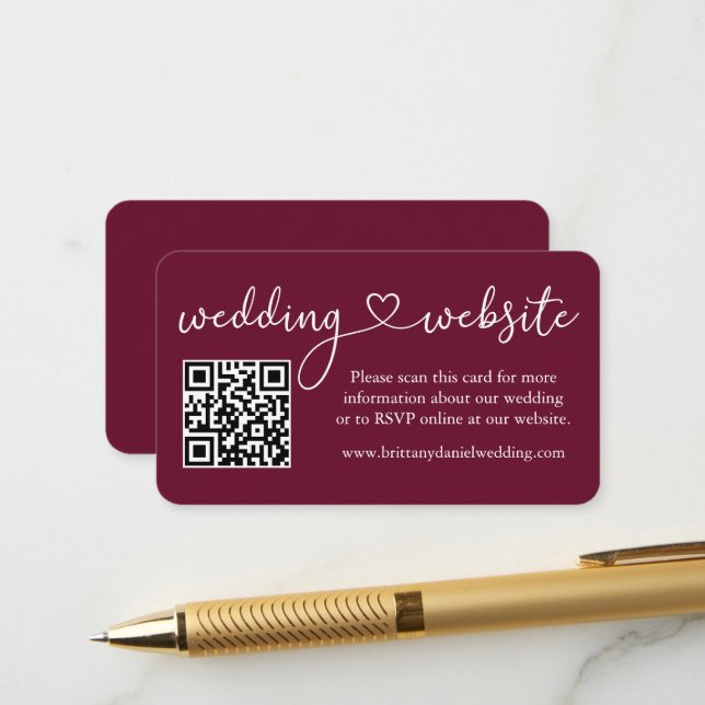 Carte D'accompagnement Calligraphie Mariage cardiaque Site Web QR Bourgog (Devant/Arrière en situation)