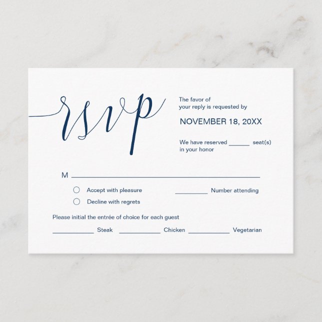 Carte D'accompagnement Calligraphie mariage, Simple Navy Blue Script, RSV (Devant)