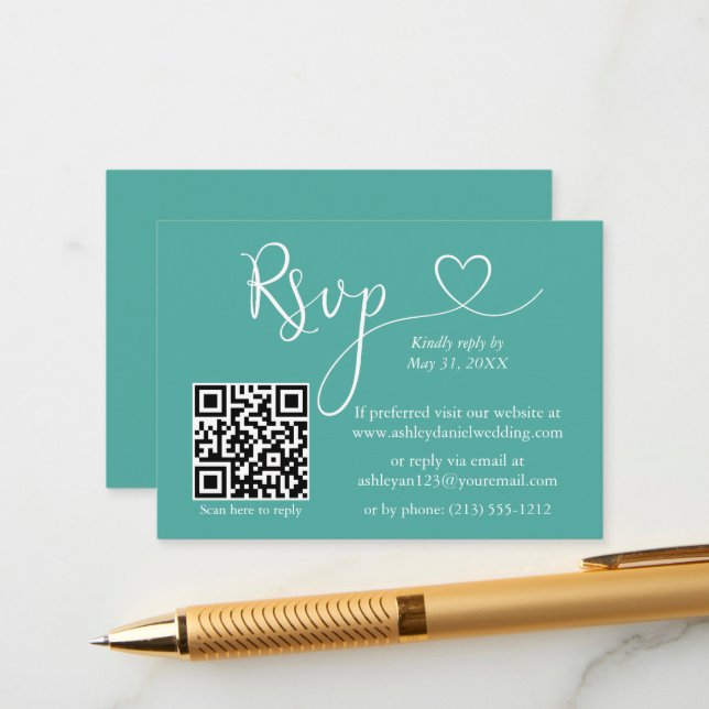 Carte D'accompagnement Calligraphie moderne Mariage cardiaque QR RSVP Tur (Devant/Arrière en situation)