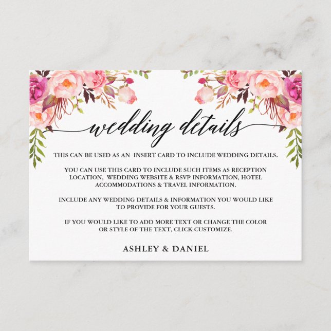 Carte D'accompagnement Calligraphie moderne Mariage rose Floral Détails (Devant)