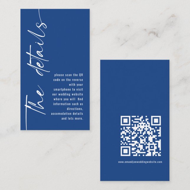 Carte D'accompagnement Calligraphie moderne QR Code Mariage bleu Détails (Devant / Derrière)