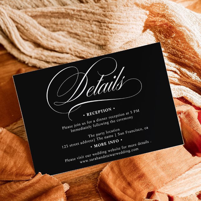 Carte D'accompagnement Calligraphie noir blanc détails chic mariage (White black calligraphy chic details wedding enclosure card)