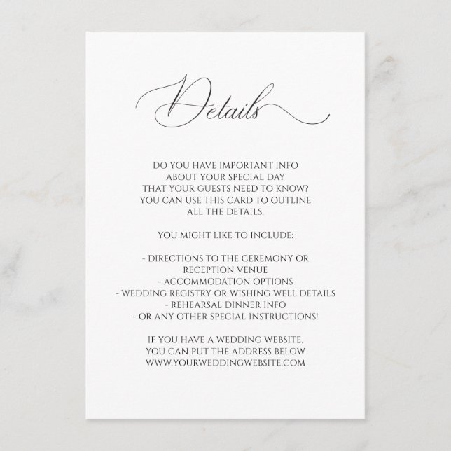Carte D'accompagnement Calligraphie Police Mariage Détails de la fée (Devant)