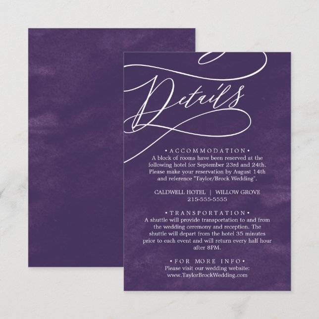 Carte D'accompagnement Calligraphie romantique Purple Aquarelle Détails (Devant / Derrière)