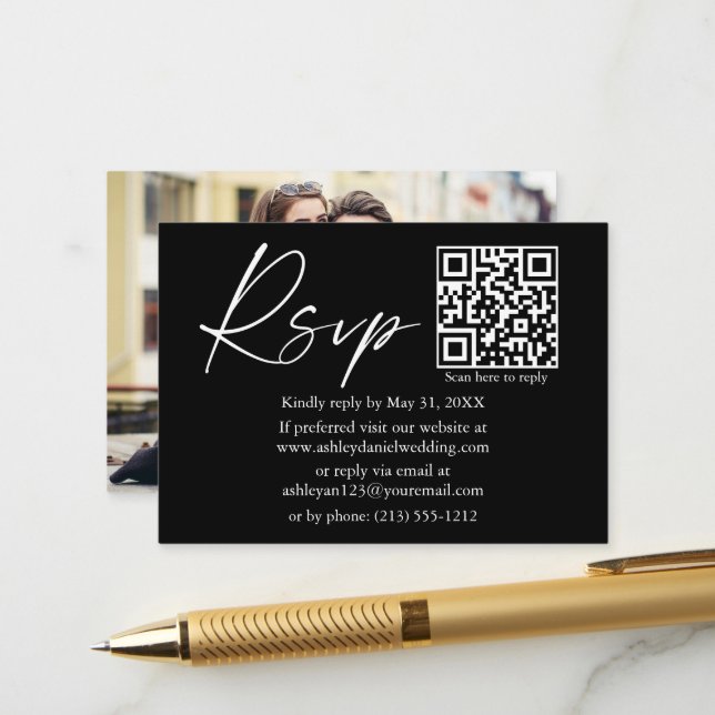 Carte D'accompagnement Calligraphie Script encre QR Mariage photo noir RS (Devant/Arrière en situation)