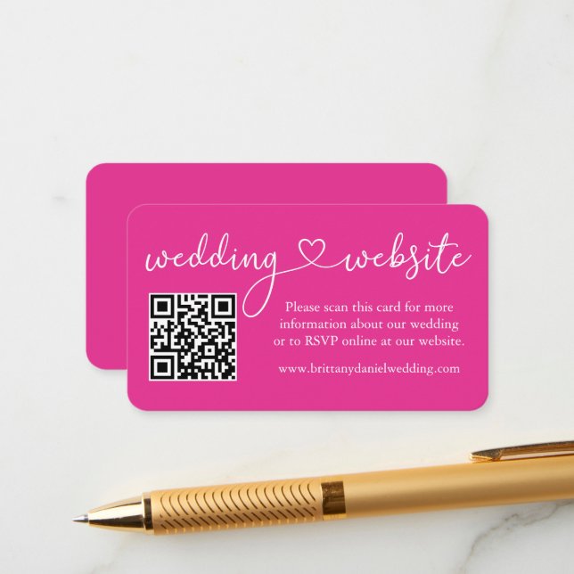 Carte D'accompagnement Calligraphy Heart Mariage Website QR Hot Pink (Devant/Arrière en situation)