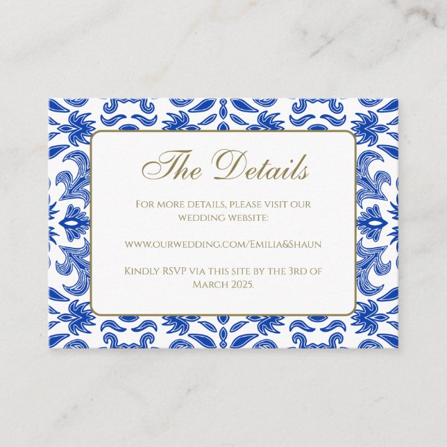 Carte D'accompagnement Carton de détails de mariage Blanc et Bleu (Devant)