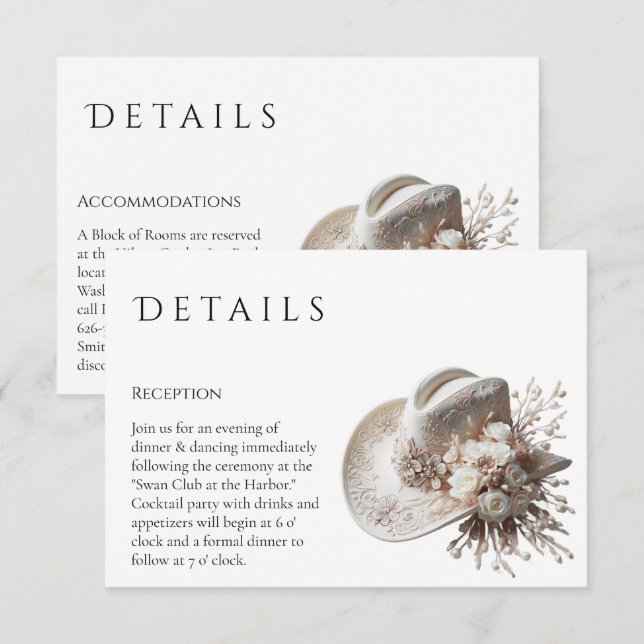 Carte D'accompagnement Casquette blanc Cowgirl avec Fleurs Détails du Mar (Devant / Derrière)