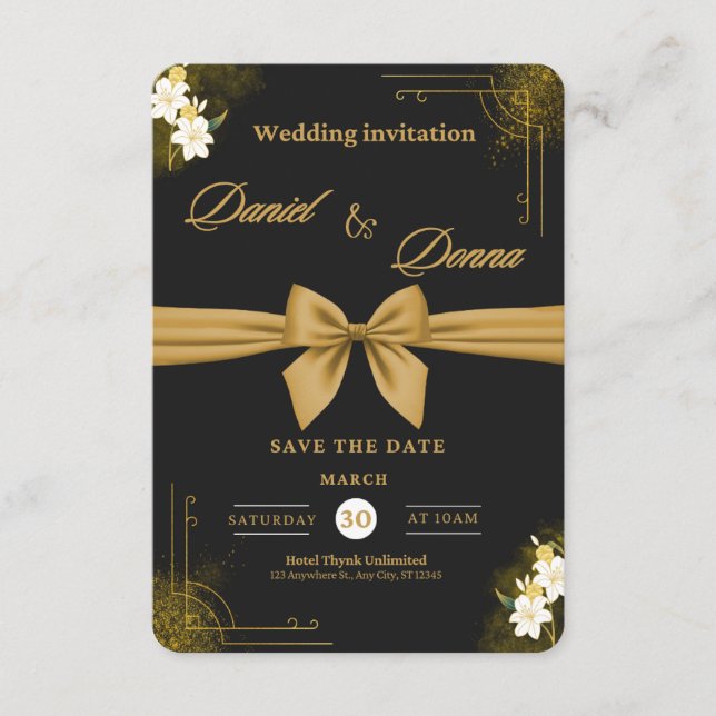Carte D'accompagnement Célébration de mariage élégant moderne noir et or (Devant)
