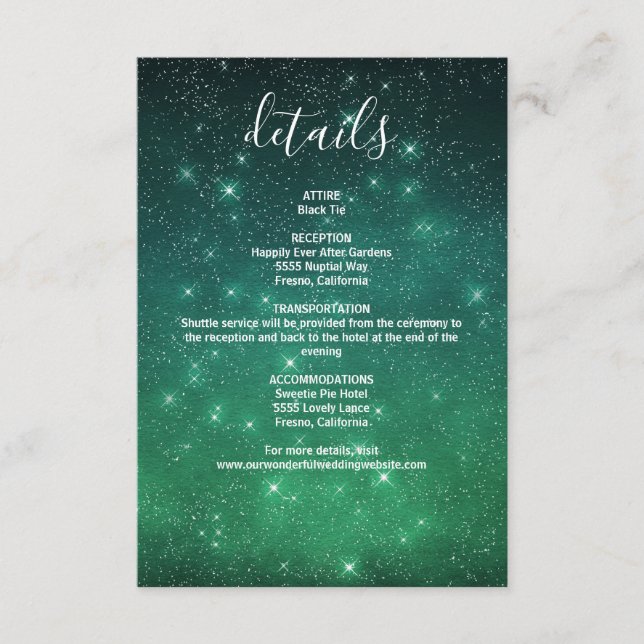Carte D'accompagnement Celestial Starry Green Night Sky Détails du Mariag (Devant)