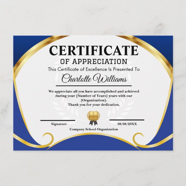Carte D'accompagnement Certificate of Appreciation Blue Gold Elegant (Devant)