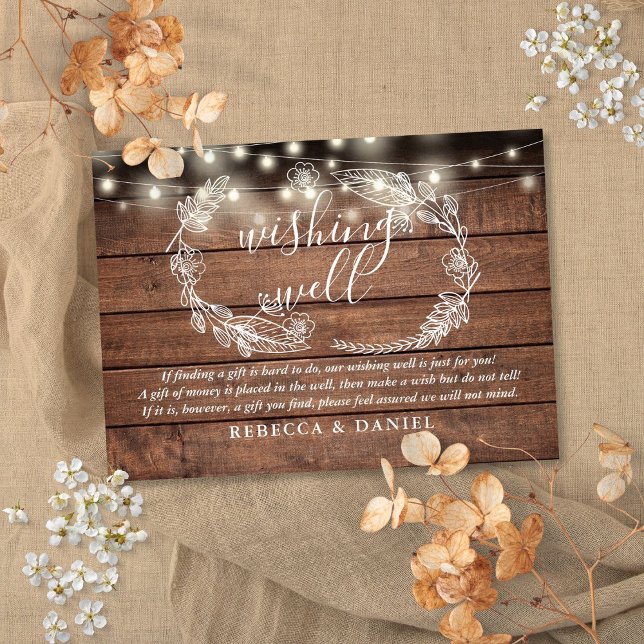 Carte D'accompagnement Chaîne de souhaits lumineux Mariage de bois rustiq (Wishing Well String Lights Rustic Wood Wedding Enclosure Card)
