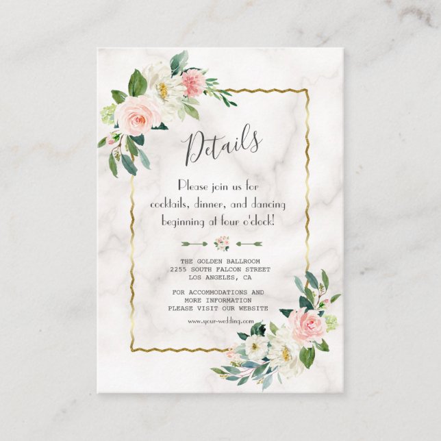 Carte D'accompagnement Charming Blush Floral Gold Marble Détails du Maria (Devant)