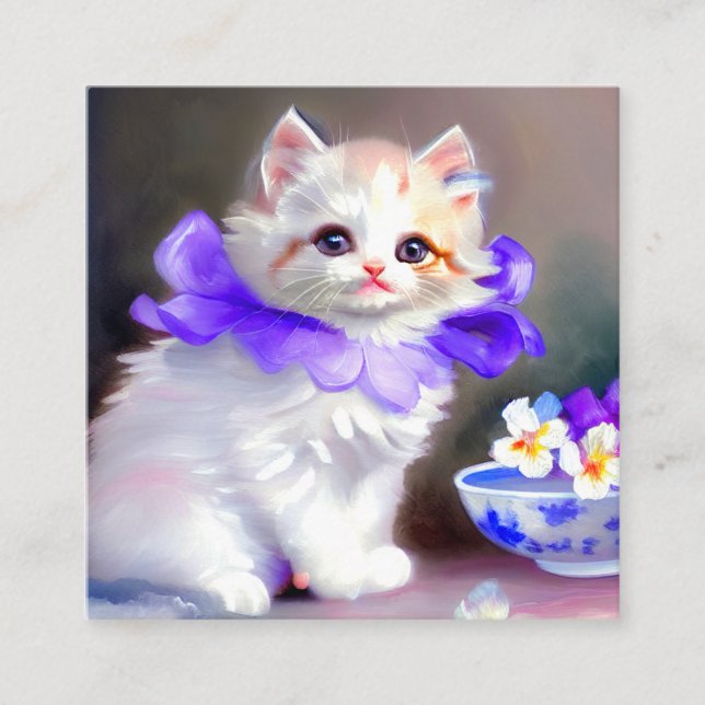 Carte D'accompagnement Chat blanc avec collier de fleurs violettes (Devant)