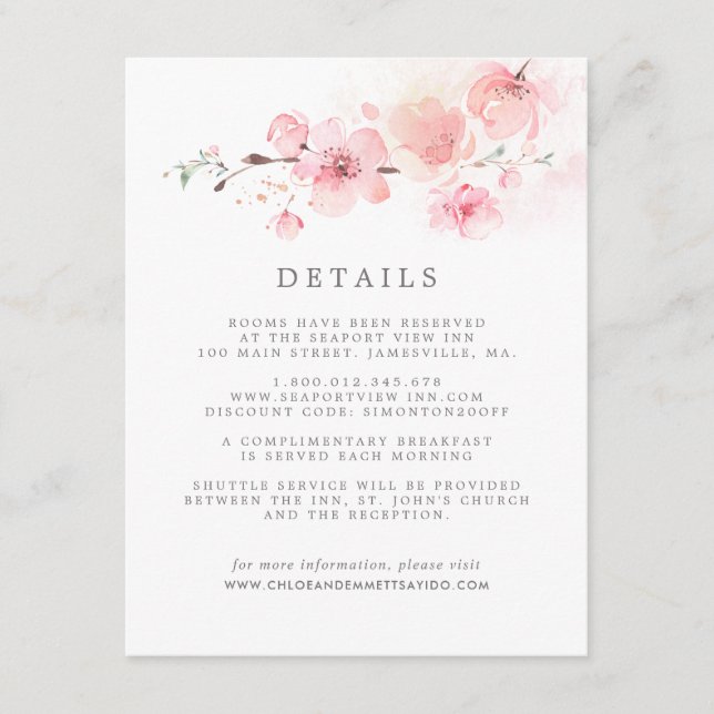 Carte D'accompagnement Cherry Blossom Rose Floral Mariage Détails au suje (Devant)