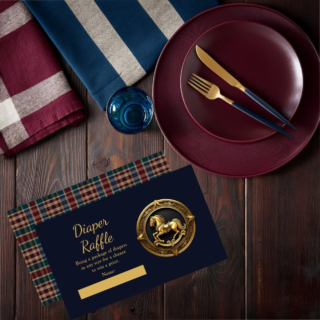 Carte D'accompagnement Cheval équestre à roche Preppy Barreau bleu Raffle (Charming Classic Preppy Equestrian Gold Tone Rocking Horse | Plaid Background Boy Baby Shower Invite)