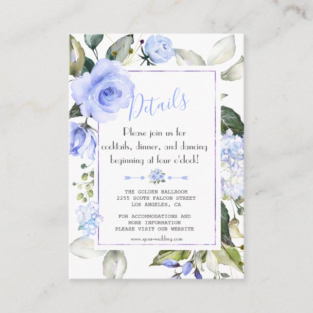 Carte D'accompagnement Chic Aquarelle Bleu Cadre Floral Détails du Mariag (Devant)