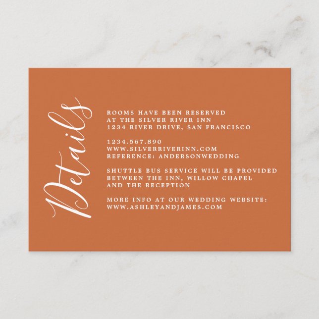 Carte D'accompagnement Chic Calligraphy Burnt Orange Détails du Mariage (Devant)