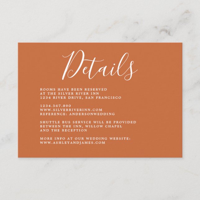 Carte D'accompagnement Chic Calligraphy Burnt Orange Détails du Mariage (Devant)