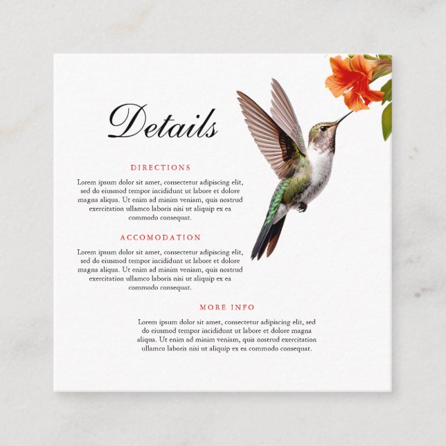 Carte D'accompagnement Chic colibri et Mariage de fleurs orange (Devant)