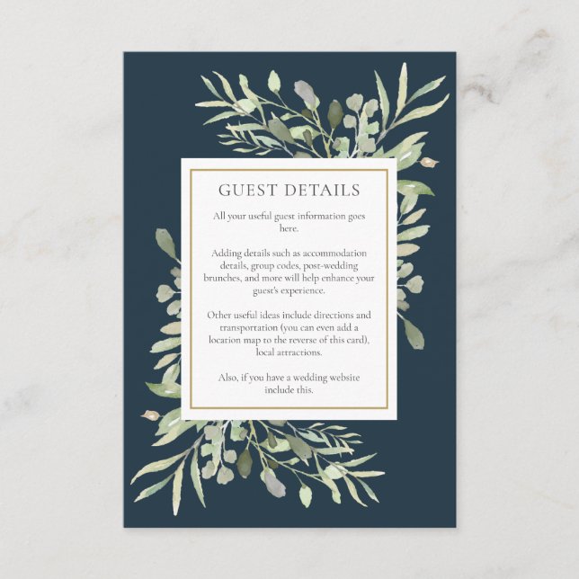 Carte D'accompagnement Chic Deep Sea Blue Greenery Mariage Détails du cli (Devant)