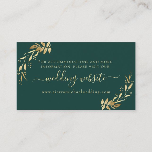 Carte D'accompagnement Chic Emerald Green Golden Foliage Site Mariage (Devant)