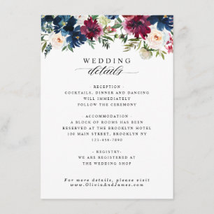 Carte D'accompagnement Chic Floral Navy Bleu Bourgogne Rouge Détails du M