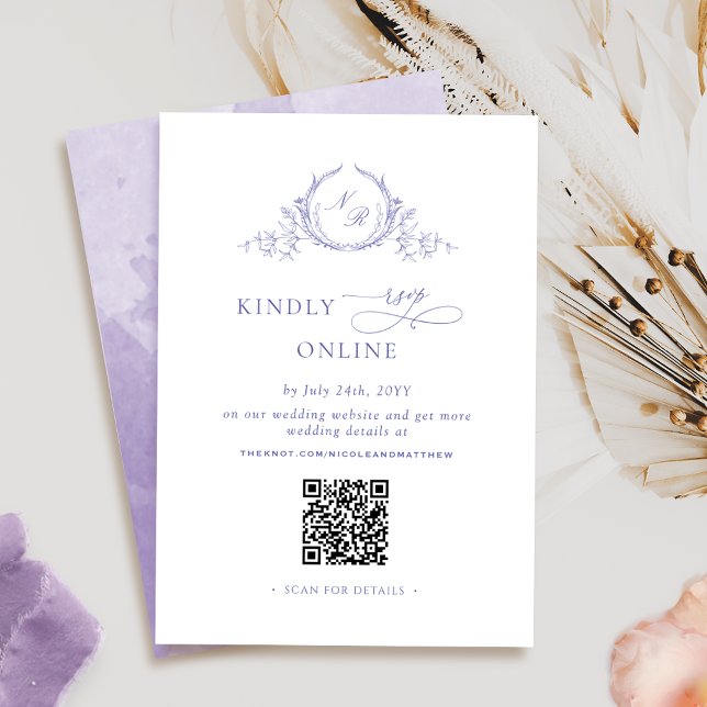 Carte D'accompagnement Chic Lavande de Monogramme violet RSVP en ligne QR (Créateur téléchargé)