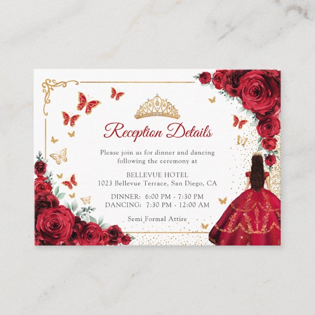 Carte D'accompagnement Chic Red Roses Gold Quinceanera Reception Details (Devant)