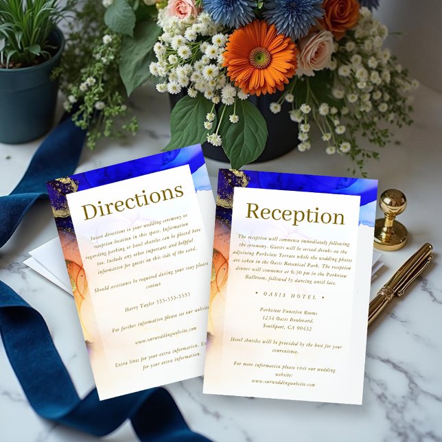 Carte D'accompagnement Chic Sapphire Bleu Orange Mariage Or (Chic Sapphire Blue Orange Gold Wedding Enclosure Card.)
