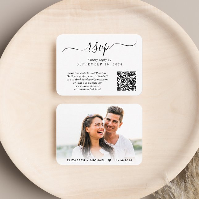 Carte D'accompagnement Chic Script Photo QR Code Mariage RSVP (Our user-friendly template will generate your QR code automatically from your website address)