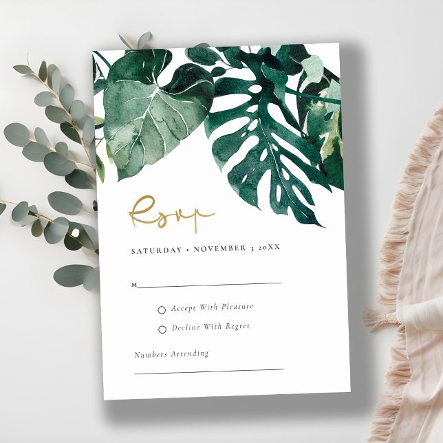 Carte D'accompagnement Chic Tropical Monstera Foliage Vert Mariage Rsvp (Créateur téléchargé)