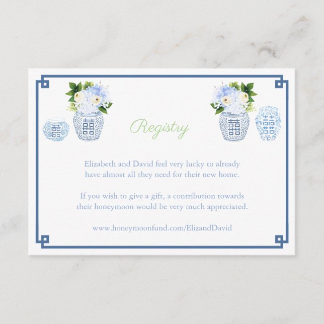 Carte D'accompagnement Chinoiserie Chic Navy & Green Mariage Registry (Devant)