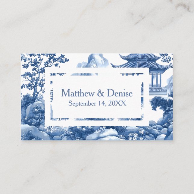 Carte D'accompagnement Chinoiserie Toile Bleue Elégant Mariage Pagode RSV (Dos)