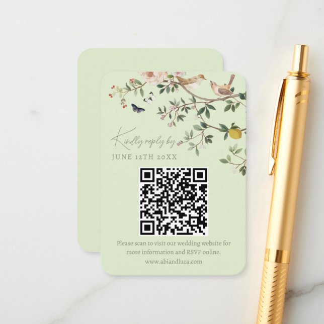 Carte D'accompagnement Chinoiserie Wedding Website RSVP QR Code  (Devant/Arrière en situation)
