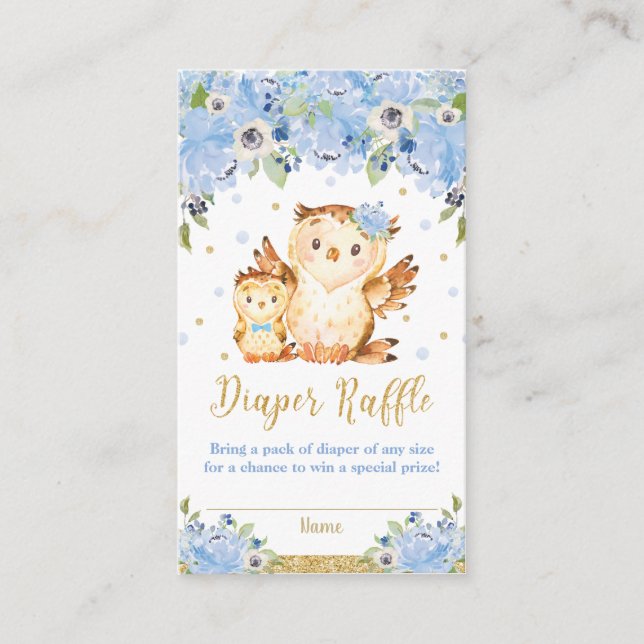 Carte D'accompagnement Chouette Bleu Baby shower Floral Raffle (Devant)