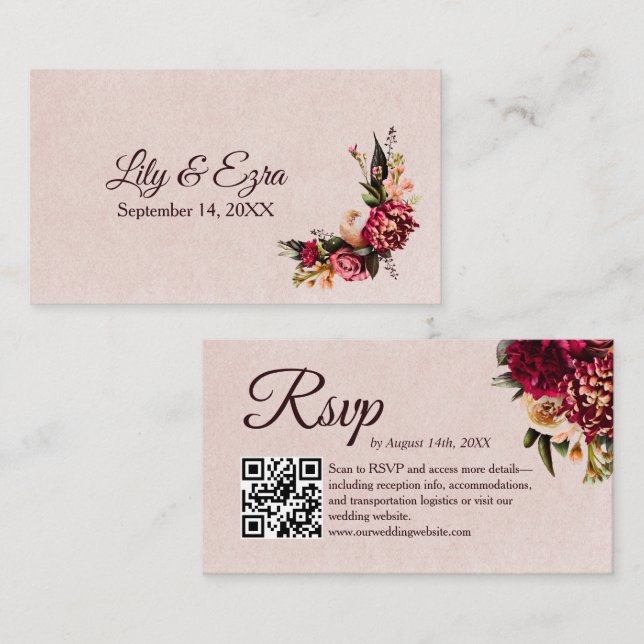 Carte D'accompagnement Chrysanthemum Elegant Bourgogne RSVP Card QR Code (Devant / Derrière)