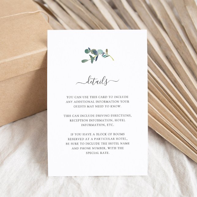 Carte D'accompagnement Cimier d'Eucalyptus | Détails de l'invité Mariage (A simple and elegant wedding detail card with eucalyptus leaves)