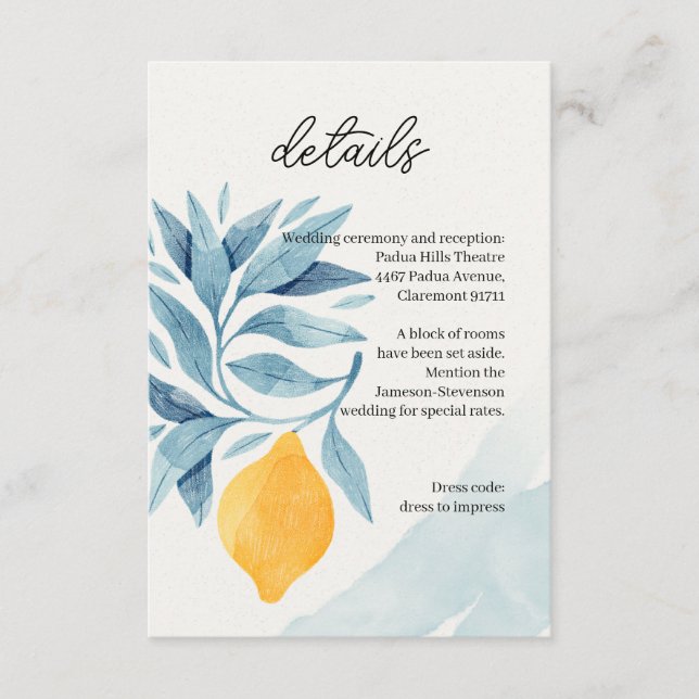 Carte D'accompagnement Citron avec illustration botanique feuille bleue (Devant)