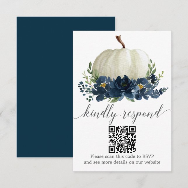 Carte D'accompagnement Citrouille bleu de la marine Mariage de fleurs QR  (Devant / Derrière)