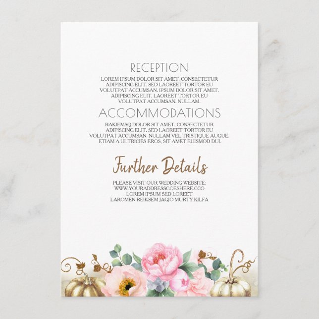 Carte D'accompagnement Citrouille or rose floral Vase Mariage Information (Devant)