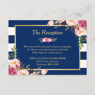 Carte D'accompagnement Classe Floral Navy Bleu Stripes Réception de maria