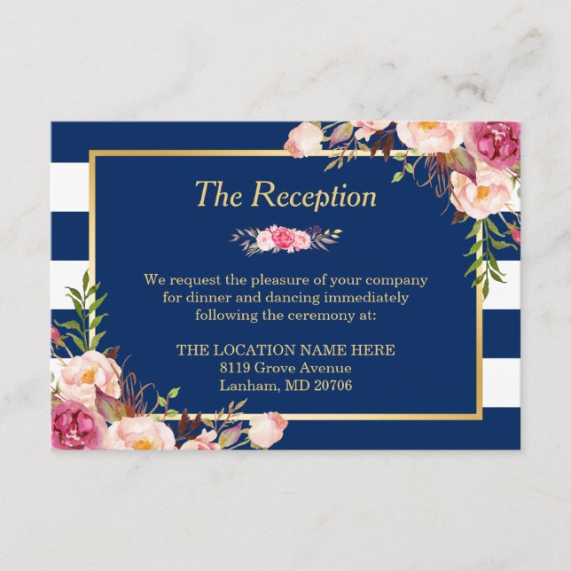 Carte D'accompagnement Classe Floral Navy Bleu Stripes Réception de maria (Devant)