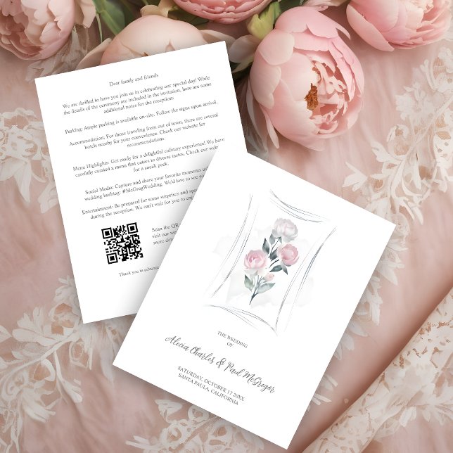 Carte D'accompagnement Classic Cute Floral Peonies Bunch in Gray & Pink (Classic Cute Watercolor Effect Floral Peonies Bunch in Gray & Pink Wedding Enclosure Card.)