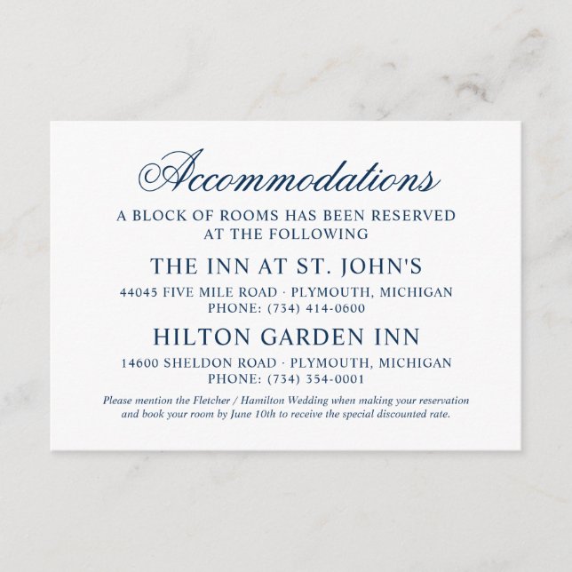Carte D'accompagnement Classic Elegant Marine Bleu Mariage Hébergements (Devant)