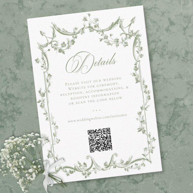 Carte D'accompagnement Classic Elegant Sage Green Floral Frame Wedding QR (Classic Elegant Sage Green Floral Frame Wedding QR Enclosure Card)