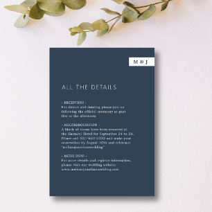Carte D'accompagnement Classic Minimal Navy Blue Monogram Détails du Mari